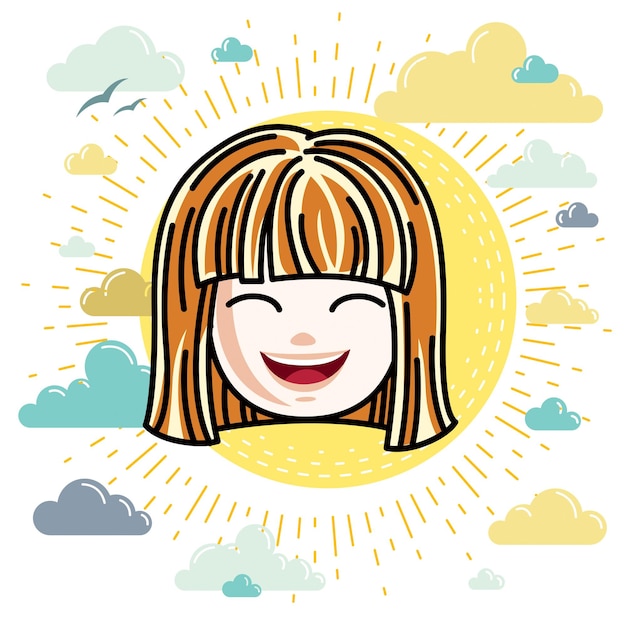 Caucasian type girl face expressing positive emotions, vector\
human head illustration. beautiful redhead happy child with stylish\
haircut.