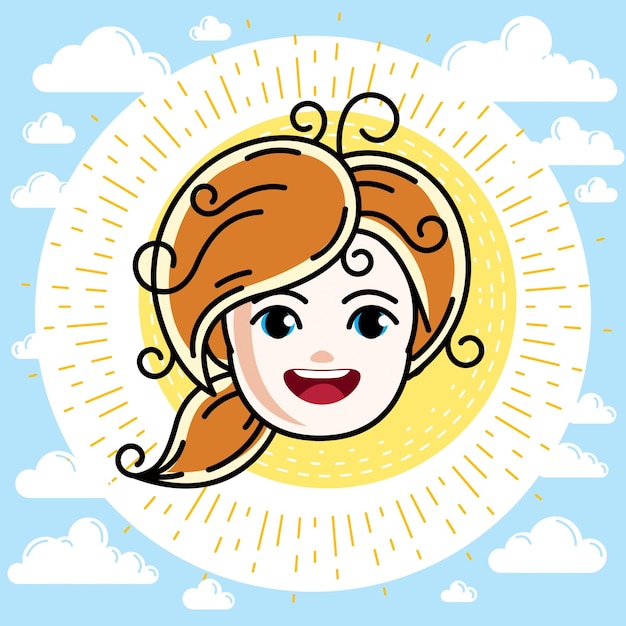 Caucasian type girl face expressing positive emotions, vector\
human head illustration. beautiful redhead happy child with stylish\
haircut.