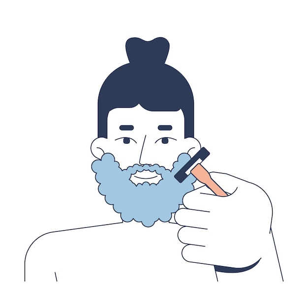 Caucasian white man applying shaving foam and using razor 2D vector illustration