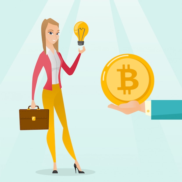 시작을 위해 bitcoin 동전을 받고 백인 여자입니다.