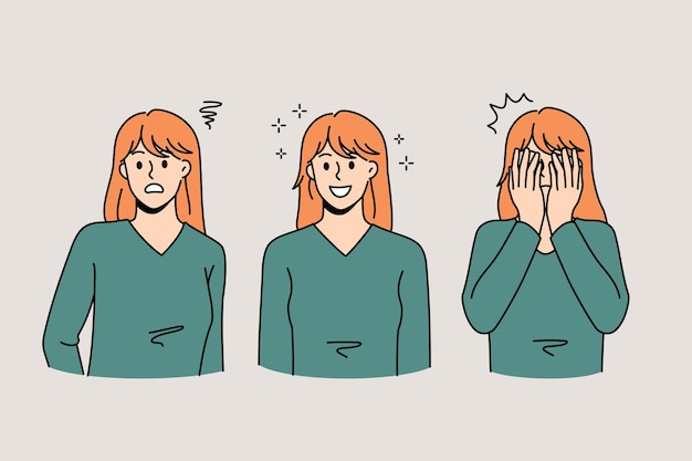 caucasian woman show different face emotions