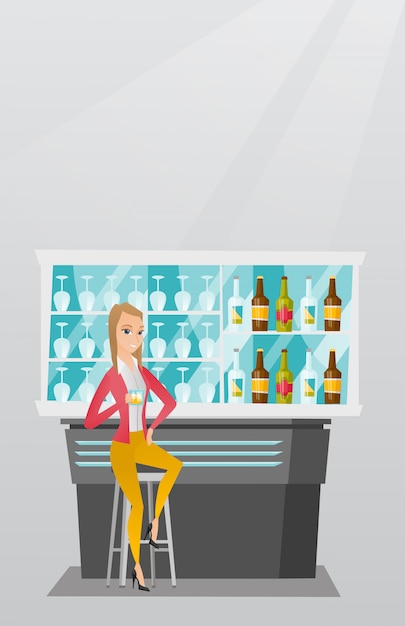 Vector caucasian woman sitting at the bar counter.