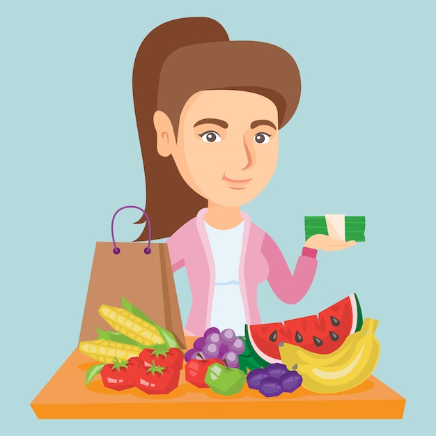 Vector caucasian woman with money and grocery purchases.