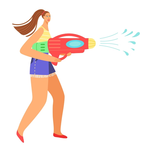 Caucasian woman with ponytail using a futuristic water gun summer activity fun outdoor activity