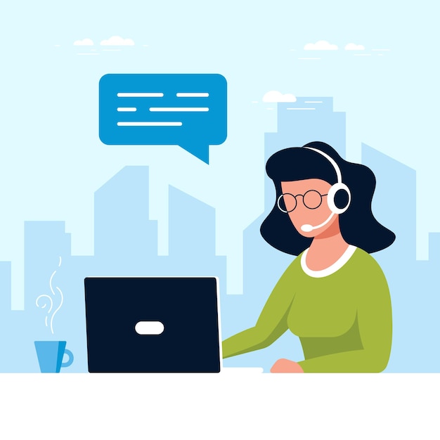 Caucasian woman with with laptop and headphones with microphone. tech support, assistance, call center and customer service concept. flat style vector illustration