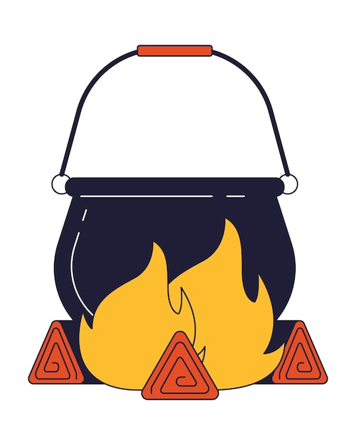 Cauldron on fire flat line color isolated vector object camping editable clip art image on white background simple outline cartoon spot illustration for web design