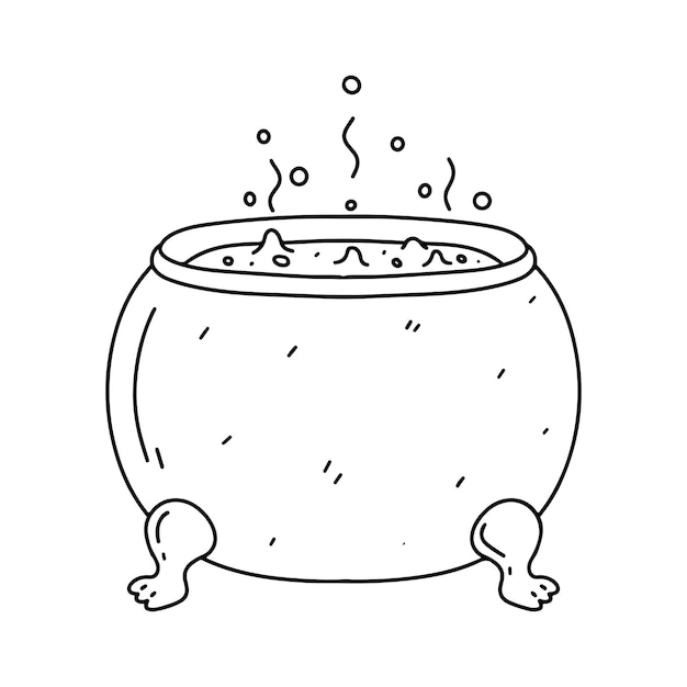 Cauldron with boiled potion and bubbles in hand drawn doodle style Symbol of Halloween