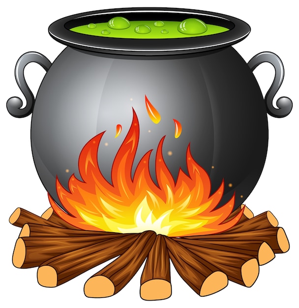 Vettore calderone con pozione verde bollente su fuoco di legna