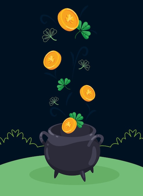 Vector cauldron with coins and clovers