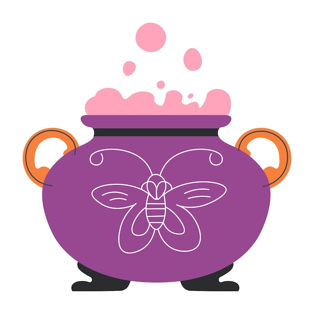 Cauldron with magic potion pot with pink bubbles