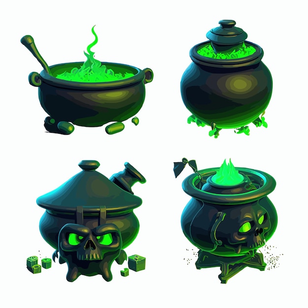 Cauldrons with witch magic potions Isolated on background Cartoon vector illustration
