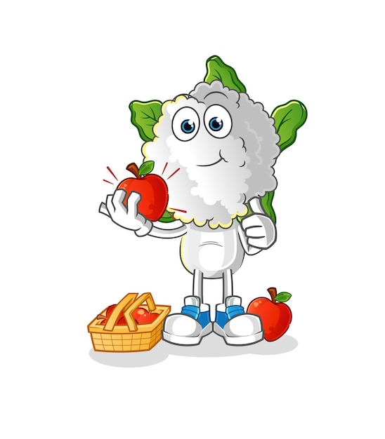 cauliflower head cartoon eating an apple illustration character vector