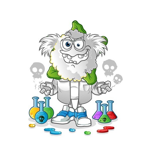 cauliflower head cartoon mad scientist illustration character vector