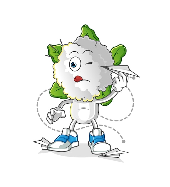 cauliflower head cartoon with paper plane character cartoon vector