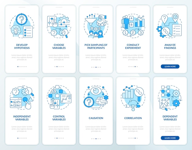 Causaal onderzoek blauwe onboarding mobiele app-schermen ingesteld