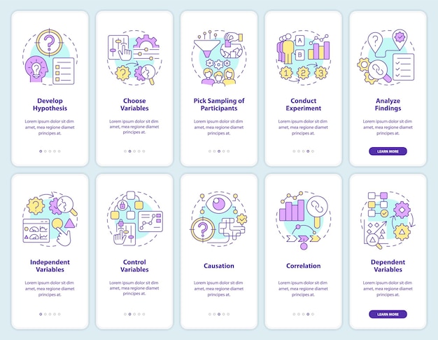 Causal research onboarding mobile app screens set