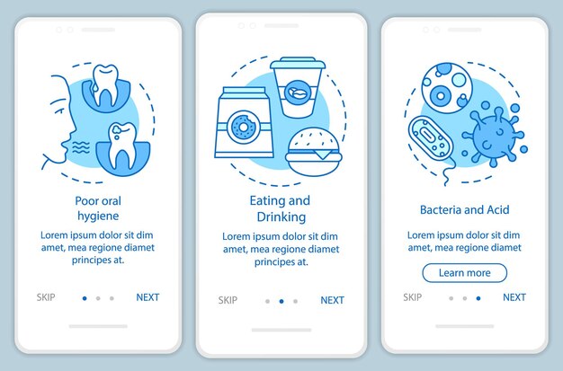 Cause delle malattie dei denti durante l'onboarding della schermata della pagina dell'app mobile con concetti lineari. perché i denti vengono distrutti procedura dettagliata istruzioni grafiche. modello vettoriale ux, ui, gui con illustrazioni