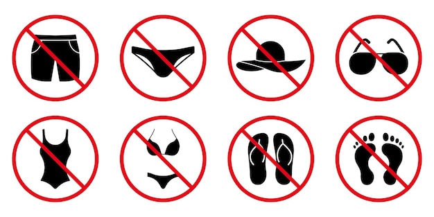 Vector caution ban beach summer wear black silhouette icon forbidden enter in sunglasses hat swimsuit