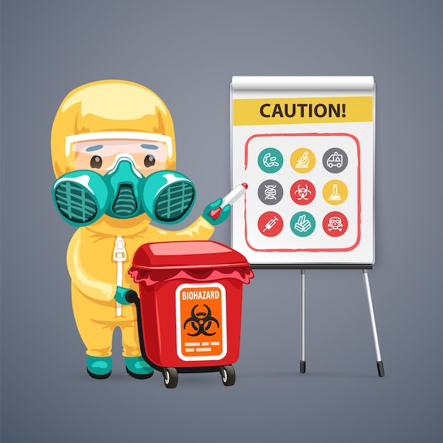 Vector caution biohazard poster with doctor and flipchart