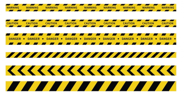 Nastri di attenzione e pericolo. nastro di avvertimento linea nera e gialla a righe.
