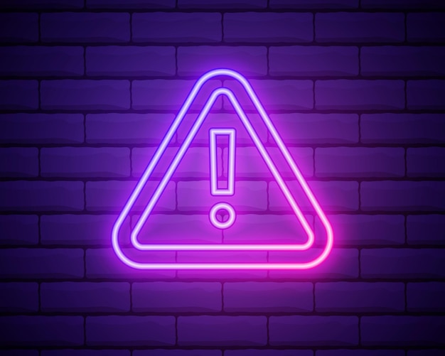 Caution neon sign on brick wall Glowing exclamation mark icon Warning symbol Attention button Realistic night signboard Night bright advertising Vector illustration
