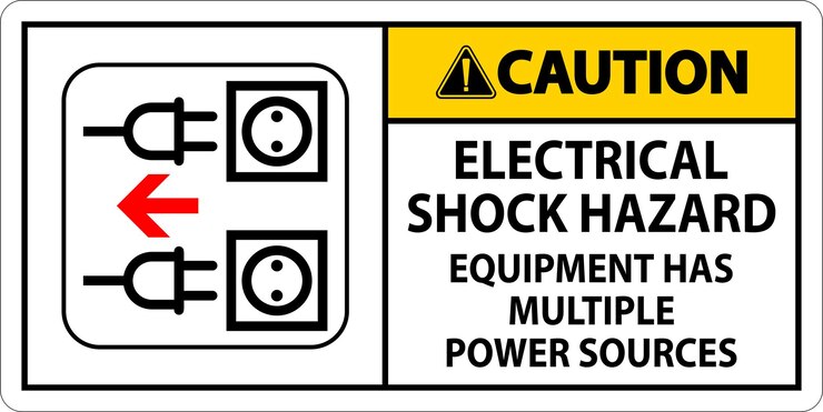 Vector caution sign electrical shock hazard equipment has multiple power sources