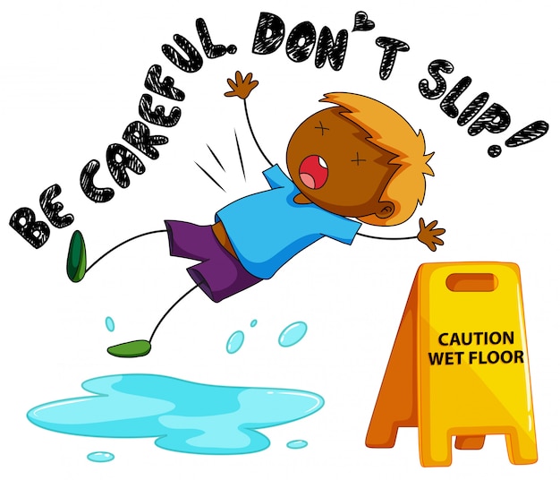 Vector caution sign for wet floor with boy falling