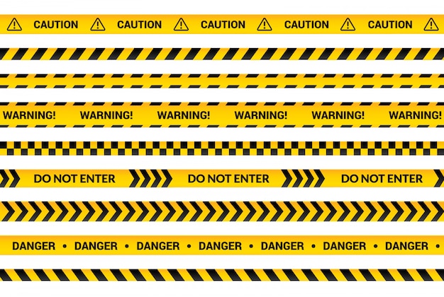 Caution tape set, gele waarschuwingsstrips, gevarensymbool, pijlen, gele lijnen met zwarte tekst en driehoeksteken. Platte banner geïsoleerde collectie met aandacht bericht illustratie.