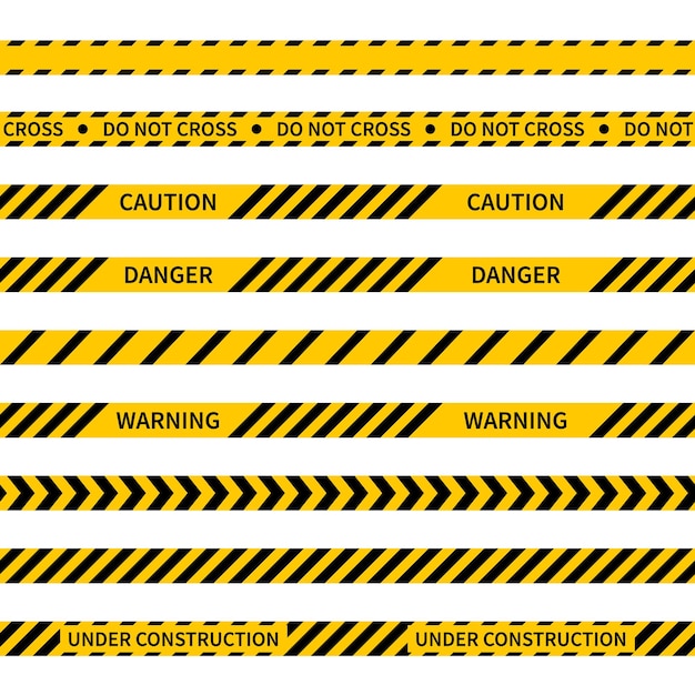 Вектор Предупреждающие ленты набор из 9 бесшовных предупреждающих лент, изолированных на белом черные и желтые полосатые ленты опасность в стадии строительства не пересекайте полосу полиции векторная иллюстрация