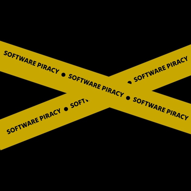 Avvertimento e avvertimento software pirateria parola su nastro giallo barricata concetto di scena del crimine