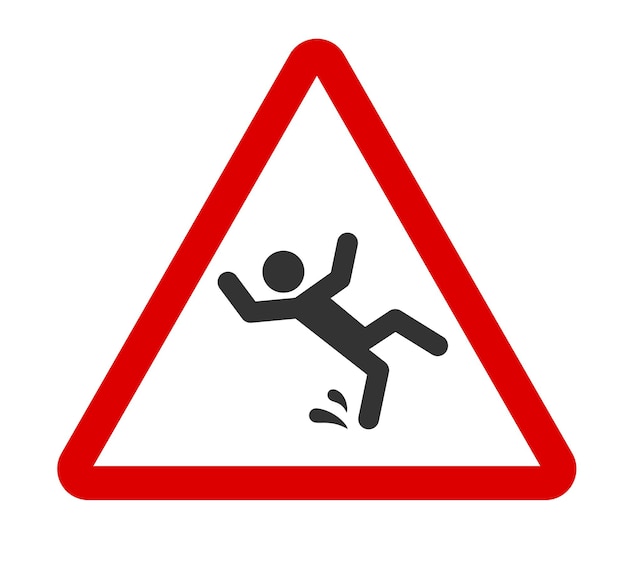 注意濡れた床のサイン赤い三角形のアイコンが倒れる男滑りやすい床