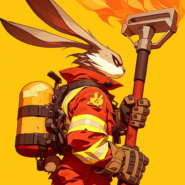 A cautious rabbit firefighter cartoon style