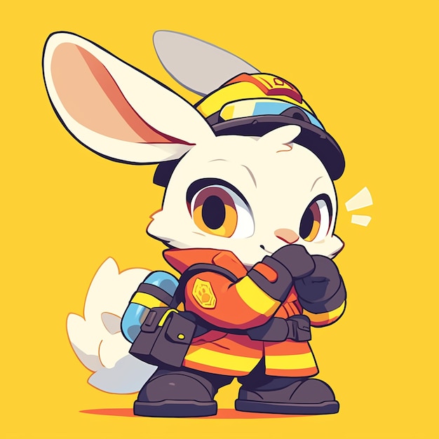 Vector a cautious rabbit firefighter cartoon style