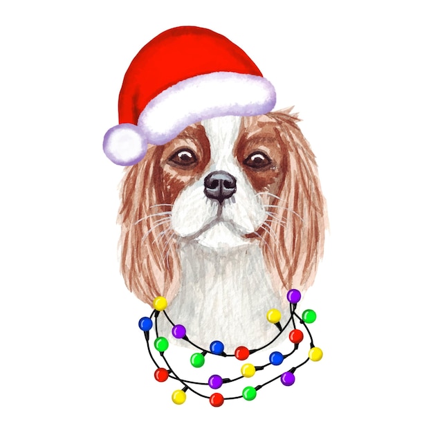 Vector cavalier king charles spaniel dog with christmas lights in santa's hat. cute christmas illustration.