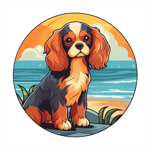 Vector cavalier king charles spaniel hondenras leuke cartoon kawaii karakter strand zomer dier huisdieren