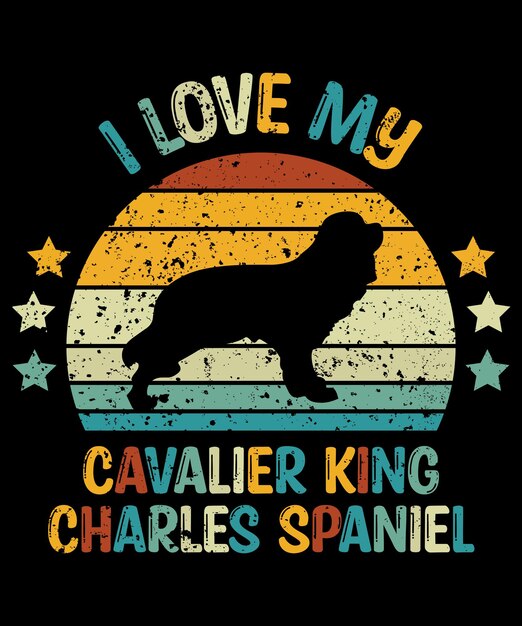 Cavalier King Charles Spaniel 실루엣 빈티지 및 레트로 티셔츠 디자인