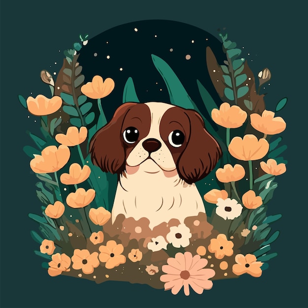 Vector cavalier king charles spaniel smong flowers