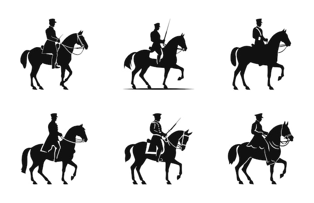 Vettore cavalleria a cavallo silhouette vetore nero set soldato di cavalleria a cavallo silhouette