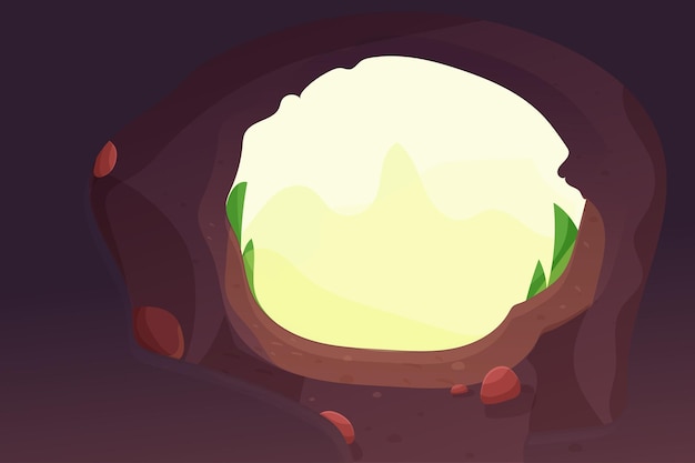 Cave entrance forest hole with stones and round frame grass in cartoon style game background