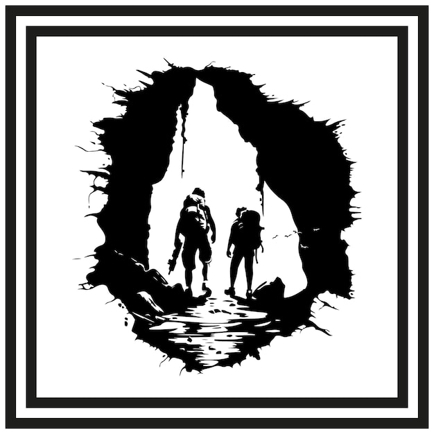 Vector cave exploration adventure silhouette clipart on white background