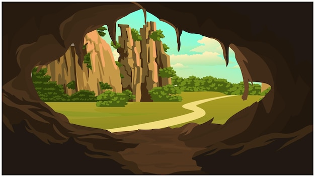 Cave in a forest in day time and there is some hills landscape illustration.