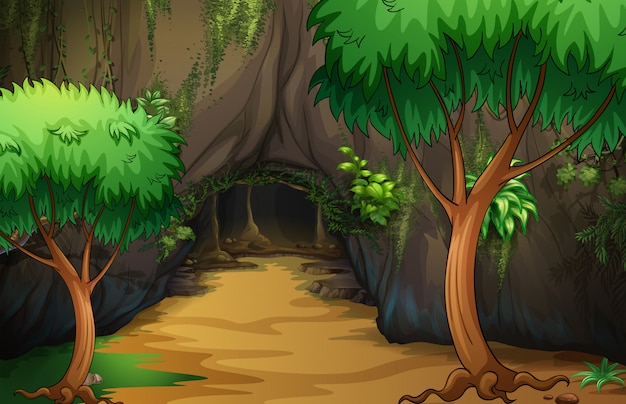 Vettore una grotta nella foresta