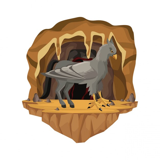 Cave interior scene with hippogriff greek mythological creature 