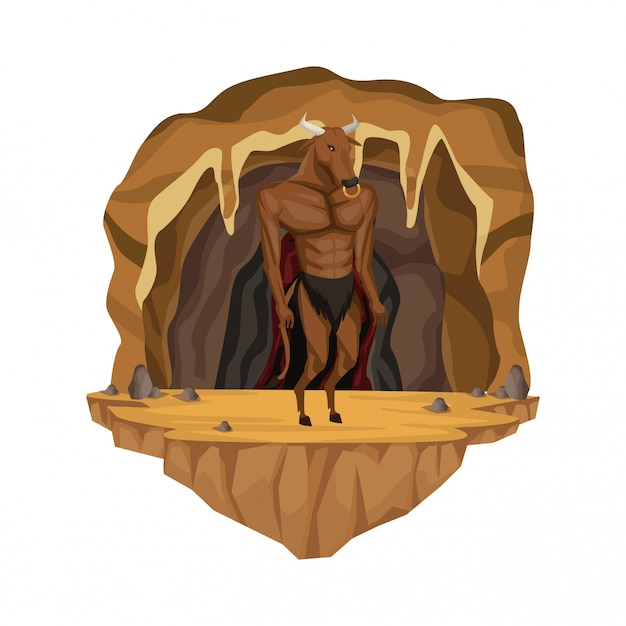 Vector cave interior scene with minotaur greek mythological creature