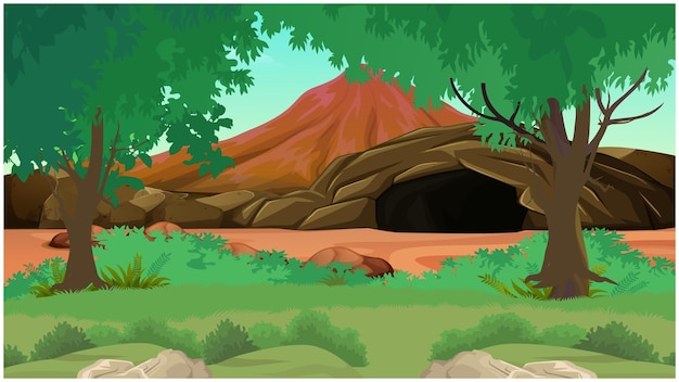 Grotta nella scena della giungla per lo sfondo dei cartoni animati.