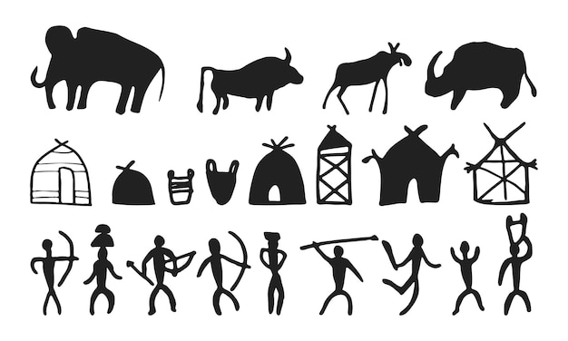 Cave painting prehistoric rock art hand drawn sketch style vector illustration set.