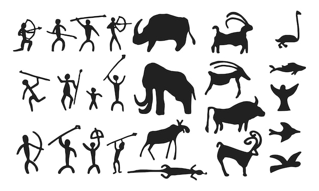 Cave painting prehistoric rock art hand drawn sketch style vector illustration set