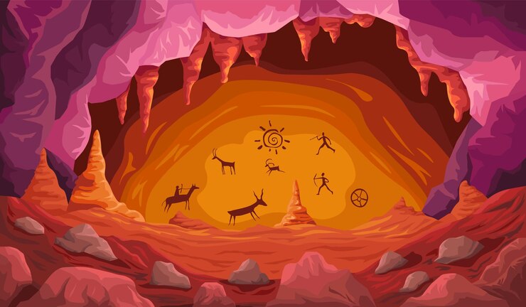 Vector cave rock art prehistoric human primitive drawing on stone wall stalagmite ancient tribe paintings of caveman silhouette with torch mysterious symbols recent vector illustration