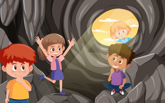 In cave scene with children exploring cartoon character