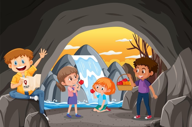 Vettore nella scena della grotta con bambini che esplorano il personaggio dei cartoni animati